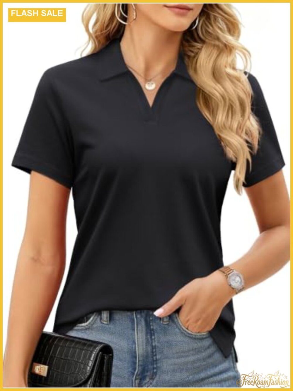 Women's Cotton Blend Pique Polo Shirt V-Neck Short Sleeve